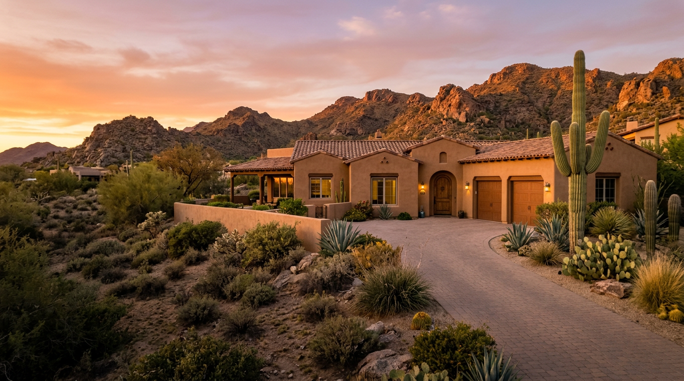 A desert home in Cave Creek at sunset