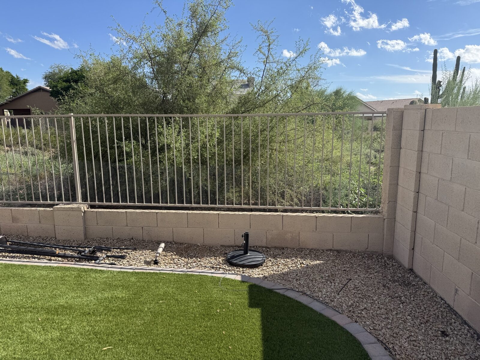 Before: view fence on a block wall with no snake mesh, yard open to the desert